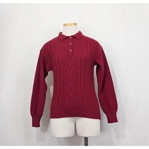 Vintage 80s Sweater Burgundy Red Wool Collar Italian Misses Size S Lands End